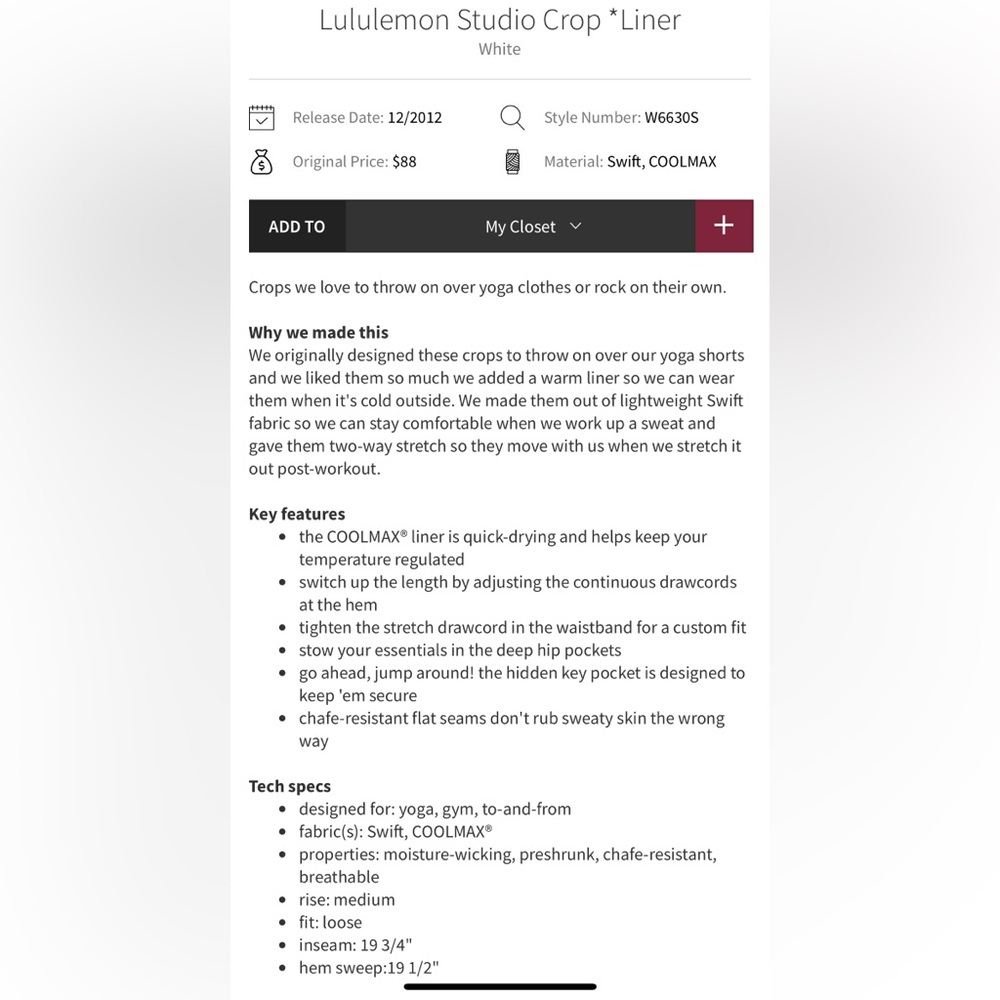 Lululemon Studio Crop in white (lined) - Picture 10 of 11